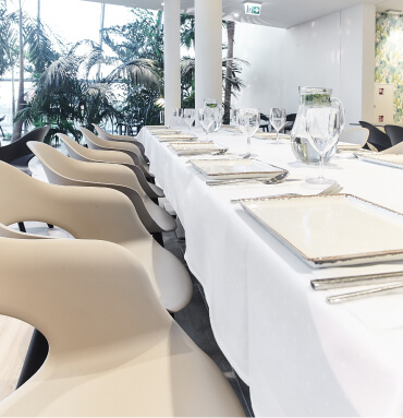 A long table with white cloth and chairs set up for a formal gathering