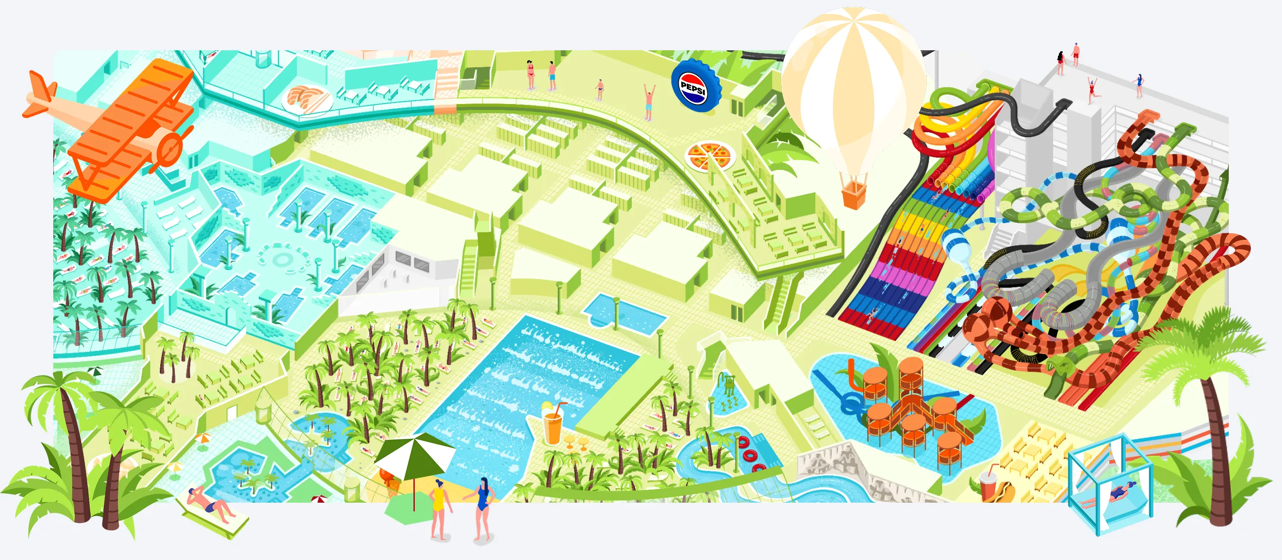 Panoramic illustrated resort map featuring pools, palm trees, and intertwined colorful slides, inviting vacation vibe.