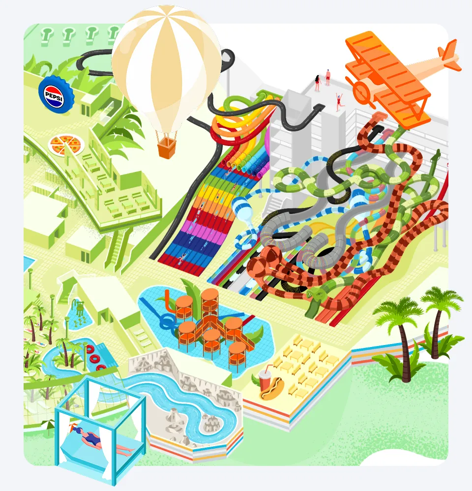 Colorful illustrated waterpark map showing twisting slides, a hot air balloon and pool areas, playful layout.