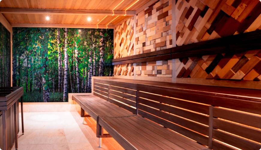 Sauna in the Relax zone, with wooden walls and a mural depicting a birch forest