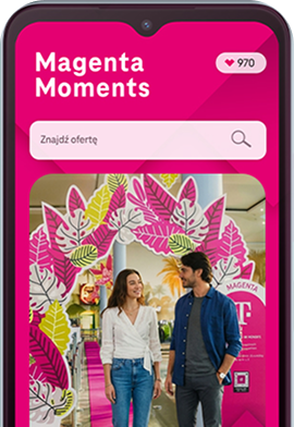 Smartphone displaying the Mój T-Mobile app on a pink background with decorative diamond-shaped patterns